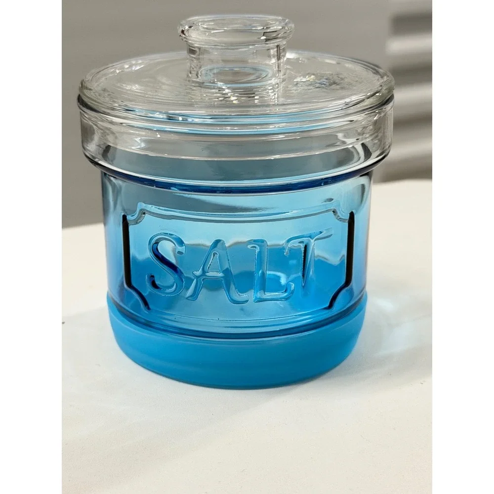 Blue Glass Salt Cellar Jar with Clear Lid and Silicone Base